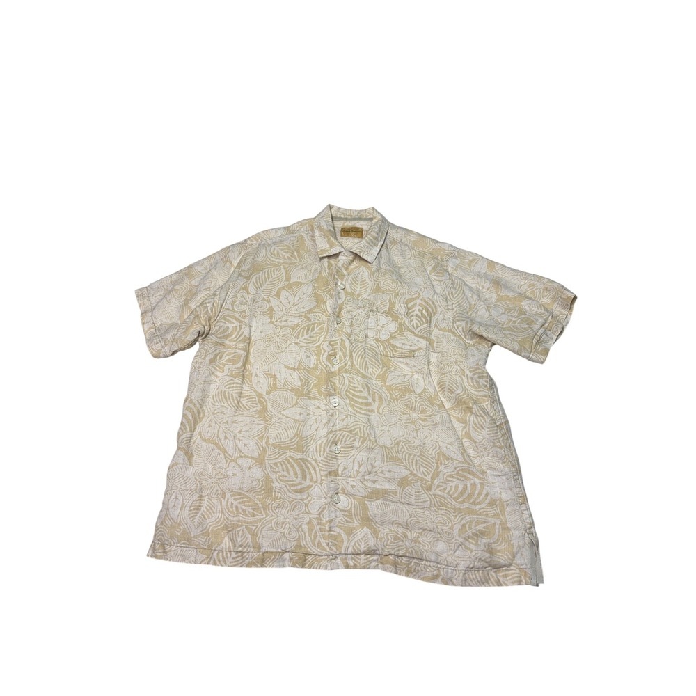 Tommy Bahama Mens Large 100% Linen Short Sleeve Floral Leaf Button Up Shirt Tan
